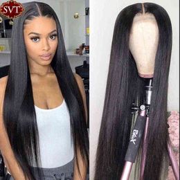 SVT 180% Indian 4X4 Straight Lace Closure Human Hair Wig Bone Frontal PrePlucked Hairline For Black Women 220609
