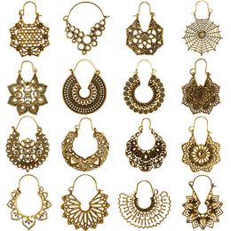 HuaTang Vintage Gold Silver Colour Metal Dangle Hollow Earrings for Women Geometric Carved Ethnic Earring Indian Jewellery brinco G220312