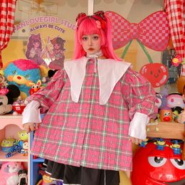 Women's Blouses & Shirts Plaid Print Doll Neck Winter Long Sleeve Japan And South Korea Sweet Harajuku ShirtsWomen's