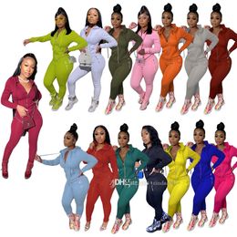 Total 15 Colours Women Solid Pants Suit Designer Casual Long Sleeve Top Zipper Cardigan Pencil Pants Outfits Fashion Sweatsuits S-XXL