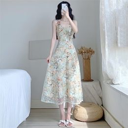 Summer Women Long Beach Sundress Suspenders Floral Embroidery Mesh Sleeveless Dress Gorgeous Elegant Sweet Feminine Dress 220527