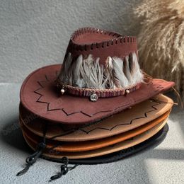 Western Cowboy Hat for Men Women Vintage Suede Gentleman Cowgirl Jazz Cap Fashion Feather Decoration Wide Brim Travel Cap