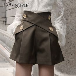 TWOTWINSTYLE Black Patchwork Metal Button Short For Women High Waist Casual Shorts Female Summer Fashion Clothing 220419