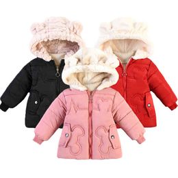 2021 New Style Keep Warm Winter Girls Jacket Plus Velvet Thick Cute Hooded Outerwear For Girl 3 Colour Baby Kids clothing J220718