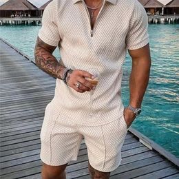 Men's Tracksuits Men's Tracksuit Solid Color Short Sleeve V-Neck Zipper Polo ShirtPockets Shorts Set Summer Men Casual Streetwear 2-piece Suit 220826