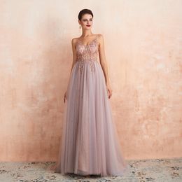 Pink A-line Prom Dresses Sexy Deep V Neck Spaghetti Straps Sleeveless Appliqued Beads Hollow Sequins Lace Side Slit Plus Size Luxury Formal Party Gowns Custom Made