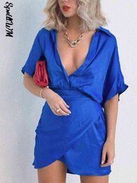 Women Sexy Klein Blue Solid Satin Waist Dress 2022 Summer Fashion Female Lapel A-Line Skirt Casual Breathable V Neck Short Robe T220816