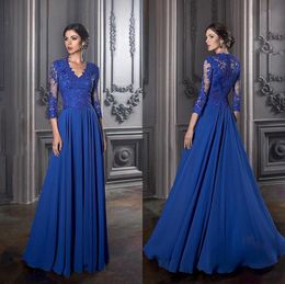 Royer Blue Mother of the Bride Dress Long Sleeves Lace Chiffon Groom Dress A Line Wedding Party Guest Gowns