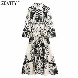 Zevity Women Vintage Black Totem Print Bow Sashes Shirt Dress Female Chic Three Quarter Sleeve Casual Slim Midi Vestidos DS8640 220713