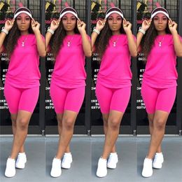 Women Fashion Solid Two piece Clothing Crew Neck T shirt and Tight fitting Shorts Tracksuit Outfit Sport Sets Casual 220616