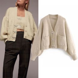 Za Buttons Cropped Knitted Cardigan Sweater Women Autumn Cute Long Puff Sleeve V Neck Oversized Cardigan Top 210204