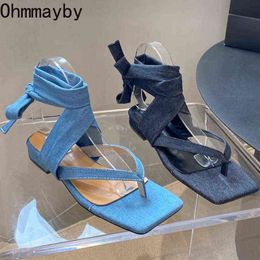 Sandals 2022 Summer Denim Women Sandal Fashion Cross Ankle Lace Up Flats Heel Slides Gladiator Outdoor Ladies Dress Shoes 220704