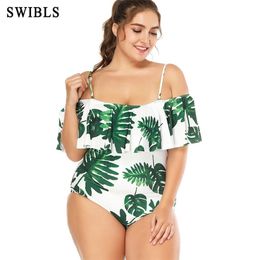 2020 Woman Plus Size Swimsuit 1pc S 3XL Green Bathing Suit for Women Big Leaf Beachwear Vintage Bather Female Swimwear T200708