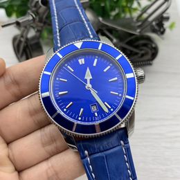 Blue Leder Band Super Ocean Heritage Heritage Mens Uhren 47mm Blaues Zifferblatt Automatische mechanische Index Uhren -Datum Männer Armbanduhren