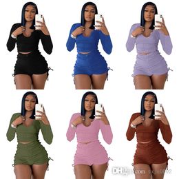 Designer Tracksuits For Women Long Sleeve Crop Top And Shorts Pleated Drawstring Decor Two Piece Set Casual Outfits