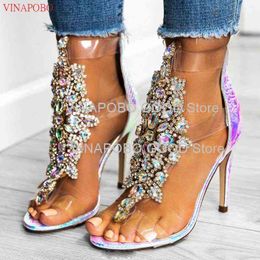 Women Summer Crystal Sandals peep Toe Thin High Heels Ladies Zipper Female Sexy Rhinestone Stiletto Bridesmaid Shoes220513
