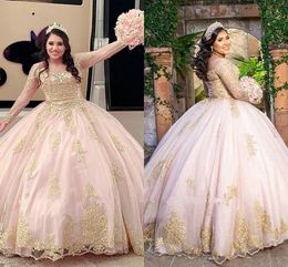 2022 Pink And Gold Quinceanera Dresses Ball Gown For Women Sweetheart Applique Rhinestones Beads Tulle Princess Plus Size Sweet 16 Dress Formal Party