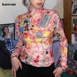 Karrram Y2k Aesthetics Mesh Tops Fairycore Graphic T Shirts See Through Kawaii Pink Crop Tops Korean Manga Print T-shirt E Girl 220516