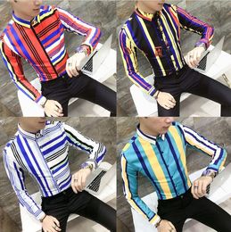 Men's Casual Shirts Arrival Men's Clothing Male Personality Vertical & Transverse Striped Long Sleeved Man Nightclub Dress &Tops