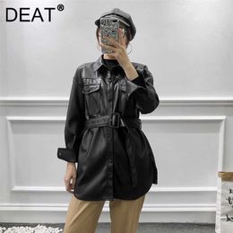 DEAT Women Asymmetrical Leather Jacket Sashes Lapel Long Sleeve Fashion Temperament Autumn Winter 11D1940 210709