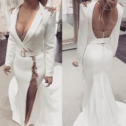White High Split Mermaid Evening Dresses Bead V Neck Prom Gown Long Sleeve Pearls Satin Arabic Dubai Celebrity Abendkleider Vestidos 326 326
