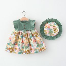 2022 Summer Baby Dress for Girls with Bucket Hat Cotton Floral Beach Dresses Baby Girl Clothes Kids Sundress