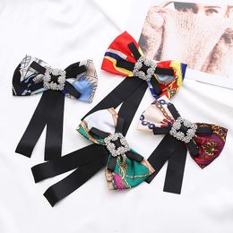 Retro Printed Fabric Big Bow Necktie Brooches for Women Ribbon Rhinestone Crystal Lapel Pins Shirt Collar Jewellery Accessories