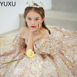 Flower Girls Dresses Sheer Neck Long Sequined Hand Made Flowers Kids Formal Birthday Party Wear Lace Satin Girl Dress For Wedding 403