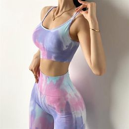 SOISOU Tie-dye Women's Tracksuit Yoga Sets Two Piece Set Sexy Seamless Knitted Fitness Sports Tight Suit 220330