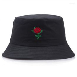 Wide Brim Hats Summer 4-color Embroidered Rose Bucket Hat For Men And Women 's Sunshade Flat Top Panama Fisherman Caps Romantic Harajuku Elo