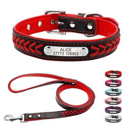 Leather Dog Collar Braided Persoanzled ID tag s Nameplate Customised Pet Walking Leash Leads Y200917