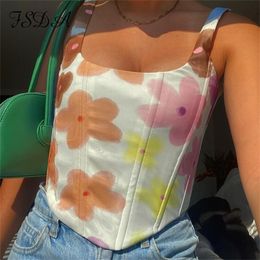 FSDA Women Off Shoulder Tube Corset Crop Top O Neck Backless Floral Print Sexy Summer Casual Sleeveless Tank Tops 220607