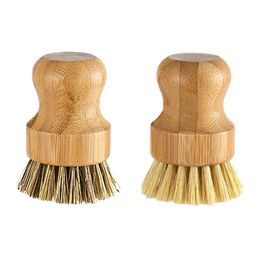 Palm Pot Brush Bamboo Sisal Round Mini Natural Scrub Brush Wet Cleaning Scrubber for Wash Dishes Pots Pans Vegetable Household Tools