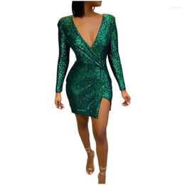 Casual Dresses 2022 Fashion Glitter Deep V-Neck Ladies Long Sleeve Party Dress Gorgeous Sequined Slim Evening Mini For Women Robe
