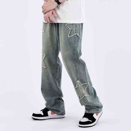 Harajuku Stars Ricamo Distressed Pantaloni in denim casual retrò Tasche larghe dritte Streetwear Pantaloni jeans oversize T220803