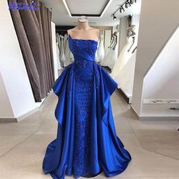 Arabic Royal Blue Prom Dresses 2021 Sexy Strapless Shinning Beaded Evening Gowns Satin Sweep Train Robe De Soiree Custom Made234b346W