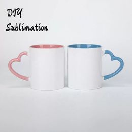 Stock DIY sublimation 11oz coffee Mug with Heart Handle Ceramic 320ml White Ceramics Cups Colorful Inner Coating Special Water Pottery FY4652