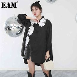 Women Black Floral Decoration Big Size Blouse Lapel Long Sleeve Loose Shirt Fashion Spring Autumn 1DD481001 210512