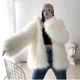 Winter Fur Jacket Female Fashion Weave Fur Parker Jackets Women Toose Warm Hooded Imitation Fur Overcoat Woman Tops T220812