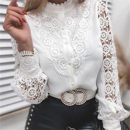 Women Sexy Lace Patchwork Hollow Out Shirt Blouse Long Sleeve O-Neck Mesh Design Tops Spring White Vintage Button Shirts 220623