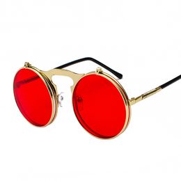 Vintage Steampunk Flip Sunglasses Retro Round Metal Frame Sun Glasses for Men Women Circle Glasses With Box