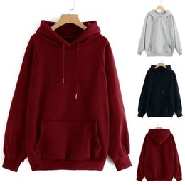 Solid Color Fleece Hoodie Women's Casual Hooded Pocket Long Sleeve Pullover Sweatshirt plus size Tops 210816