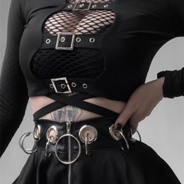 InsGoth Sexy Women Crop Tops Hollow Out Buckle Long Sleeve Female Bodycon Gothic Punk Black Streetwear Party Lady Tee 220407