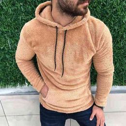 Casual Solid Hooded Men's Long Sleeve Autumn Winter Warm Pocket Loose Sweatshirt Plush Fleece Hoodies Oversized Loose Tops L220704