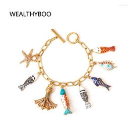 Charm Bracelets Bohemia Ocean Beauty Charms Bracelet Bangle Hand Enamel Fishes Conch Seastar Tassel Pendants Toggle PulserasCharm Lars22