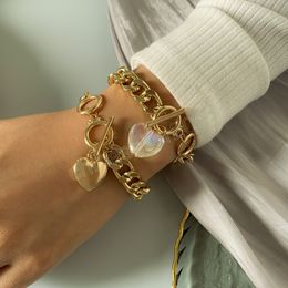 2pcs Acrylic Heart Charm Bracelets for Women Gold Silver Colour Chunky Cuban Rolo Chain Links Bracelets Elegant Jewellery
