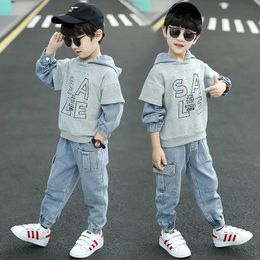 Clothing Sets Spring & Autumn Cotton Boys Denim Set 2022 Korean Printed Hooded Sweater Casual Jeans Two-Piece Suit Fashion Children'