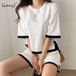 white cotton turtle neck UK - Korean Style Tracksuit Knitted Suit Summer Short Trouser+short Sleeve O-neck Pullover Shirt Fashion Shorts Women Tracksuits 220411
