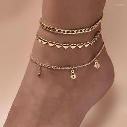 Anklets 3 Pcs/Set Fashion Beach Gold Colour Love Heart Key Lock For Women Trendy Foot Chain Ankle Bracelet Jewellery Gifts Roya22