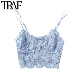 TRAF Women Sexy Fashion Lace Bralette Cropped Tank Top Vintage Backless Adjustable Thin Strap Female Camis Chic Tops 220316